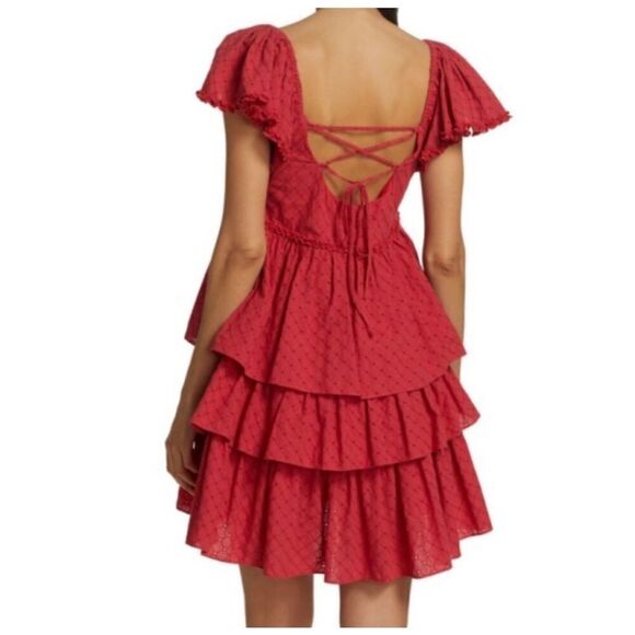 Cinq a Sept NWT Marcia Tiered Mini Dress Red Ruffle Eyelet Laceup Cotton Sz 4 - Picture 3 of 11
